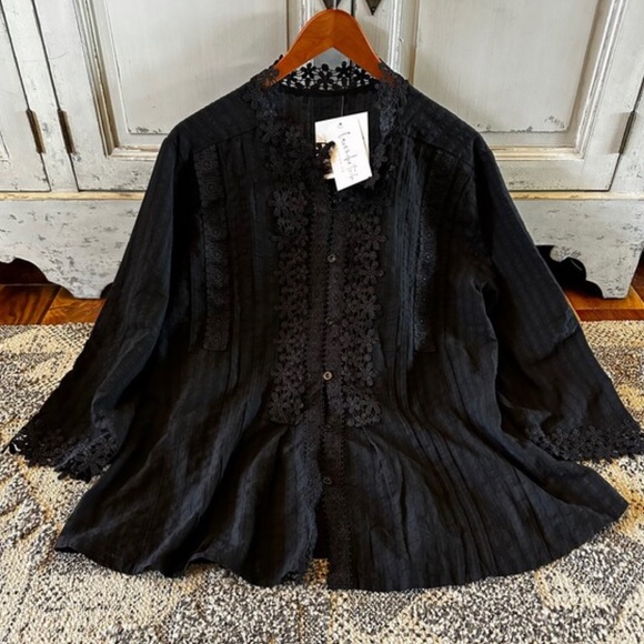 New Bohemian Black Lace Button Front Blouse /  Top Summer Dress Vintage Boho - Picture 4 of 9